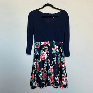 City Studio Navy Floral Fit and Flair 3/4 sleeve Dress